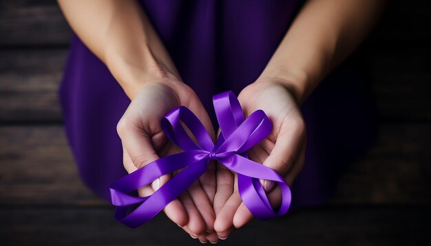 Photo hands holding purple ribbons alzheimer disease pancreatic cancer
