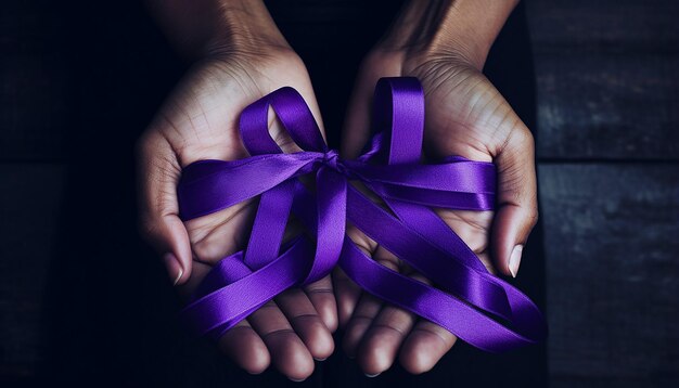 Photo hands holding purple ribbons alzheimer disease pancreatic cancer