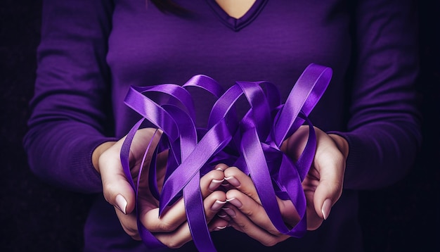 Photo hands holding purple ribbons alzheimer disease pancreatic cancer