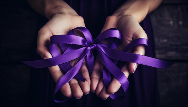 Photo hands holding purple ribbons alzheimer disease pancreatic cancer