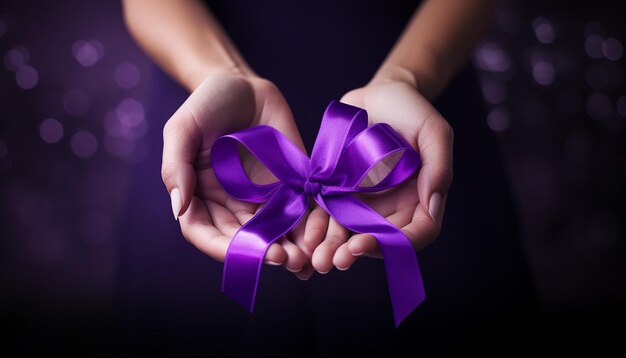 Руки, держащие фиолетовые ленты Болезнь Альцгеймера Рак поджелудочной железы