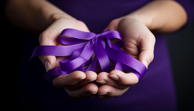Руки, держащие фиолетовые ленты Болезнь Альцгеймера Рак поджелудочной железы