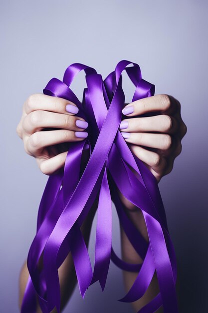 Hands holding purple ribbons world cancer day concept