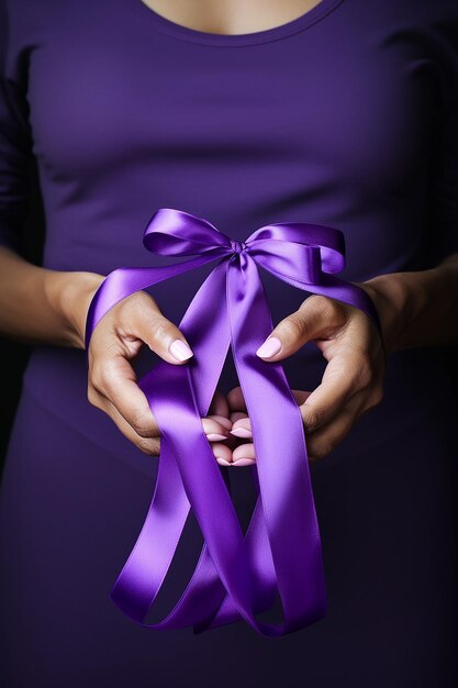 Hands holding purple ribbons world cancer day concept