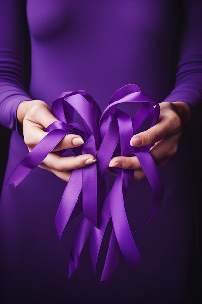 Hands holding purple ribbons world cancer day concept