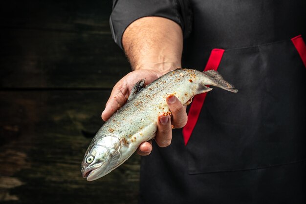 Hands holding rainbow trout with spices Fresh seafood Healthy food diet or cooking concept