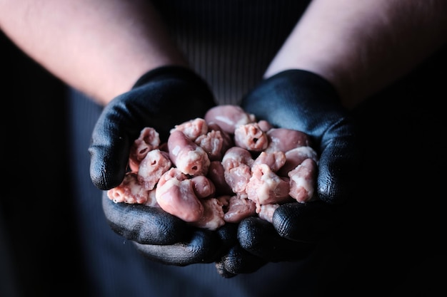 hands holding raw chicken hearts