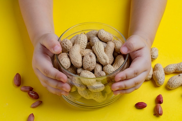 Hands holding raw unpeeled peanuts