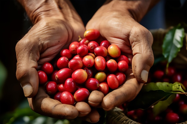 Hands holding red coffee beans