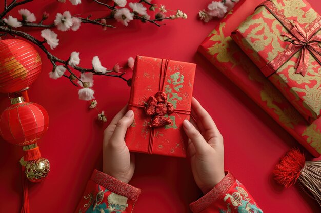 Hands holding red gift box for chinese new year celebration