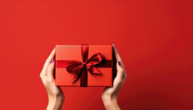 Hands holding a red gift with a ribbon on New Year's Eve or Christmas