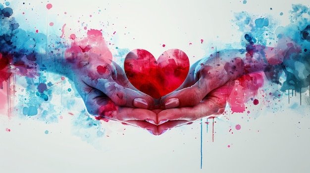 Hands holding red heart against blue and red watercolor splashes