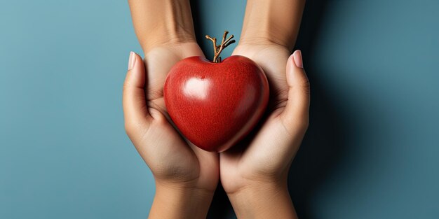 Hands holding red heart paper cut on light blue background positive thinking mental health concept