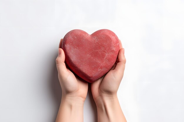 Photo hands holding a red heart stone