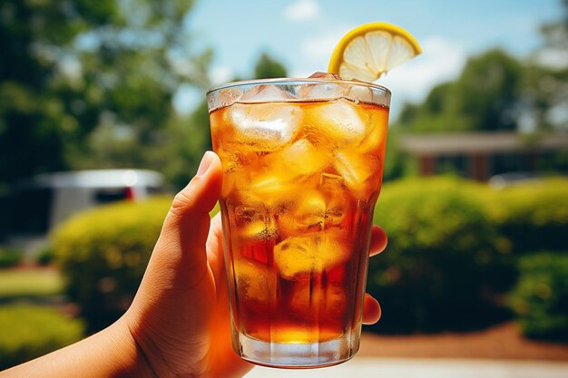 Hands holding a refreshing glass of iced tea against a summery outdoor background
