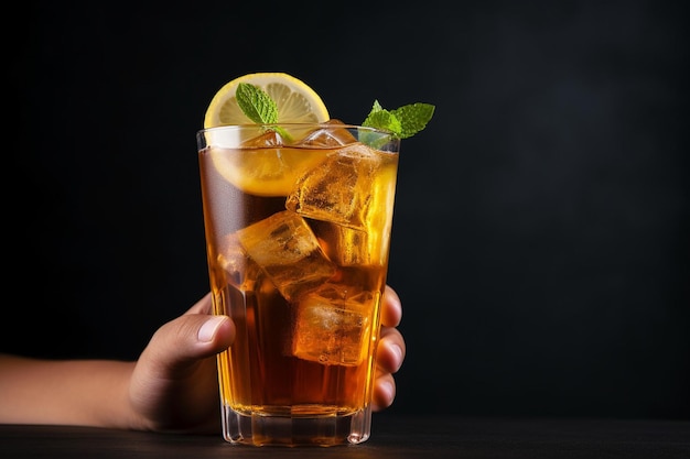 Hands holding a refreshing glass of iced tea against a summery outdoor background