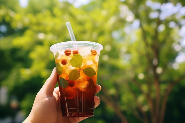 Hands holding a refreshing glass of iced tea against a summery outdoor background