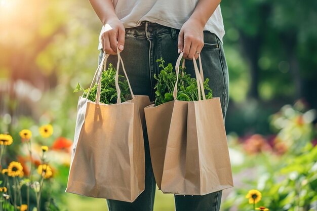 写真 再利用可能で持続可能な野菜のショッピングバッグを握る手