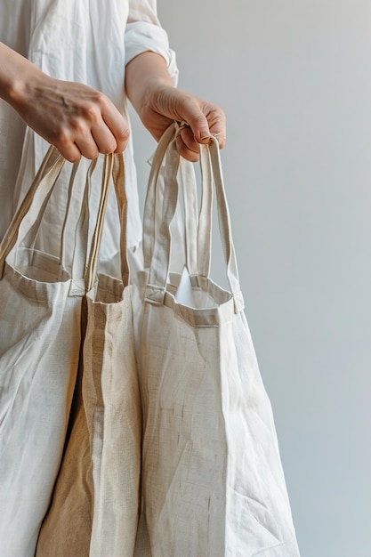 Foto mani che tengono sacchetti per la spesa in tessuto riutilizzabili e sostenibili