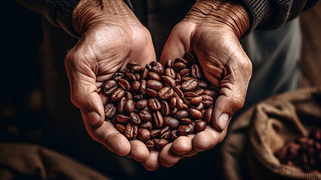 Hands holding roasted coffee beans Generative AI