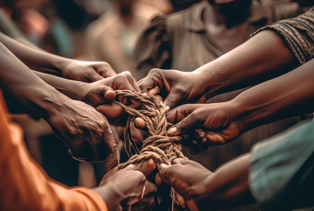 hands holding ropes as people in groups tie together in the style of indigenous culture