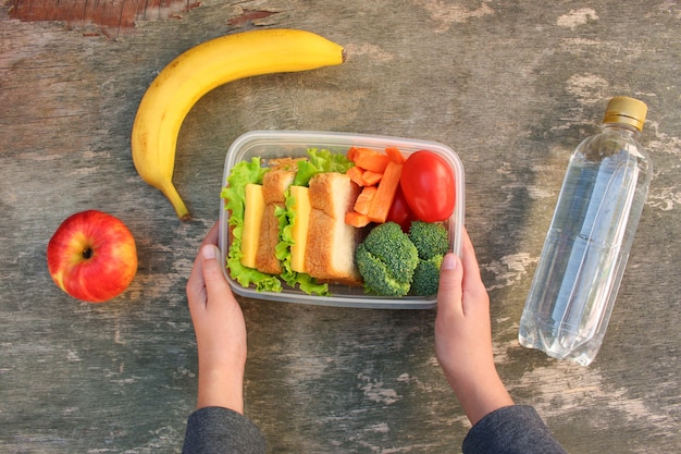 フードボックスでサンドイッチ、果物、野菜を保持している手