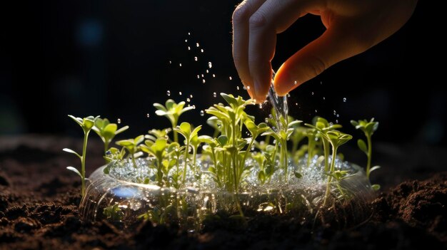 Hands holding a seedling of squash in the garden