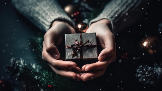 Photo hands holding a small gift that says'christmas'on it