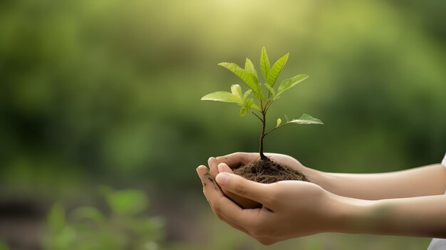 木という言葉が書かれた小さな植物を持つ手