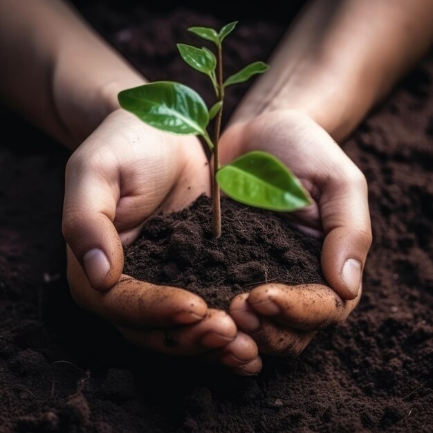 木という言葉が書かれた小さな植物を持つ手