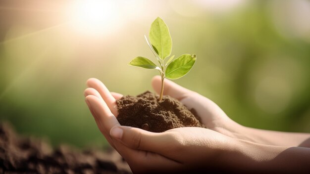 Hands holding a small plant with the word tree on it