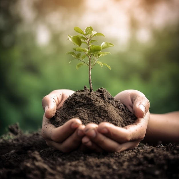 Hands holding a small tree in soil with the word tree on it