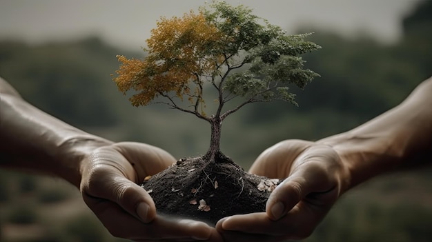 Hands holding a small tree with the word tree on it