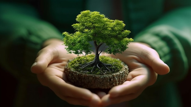 Hands holding a small tree with the word tree on itgenerative ai