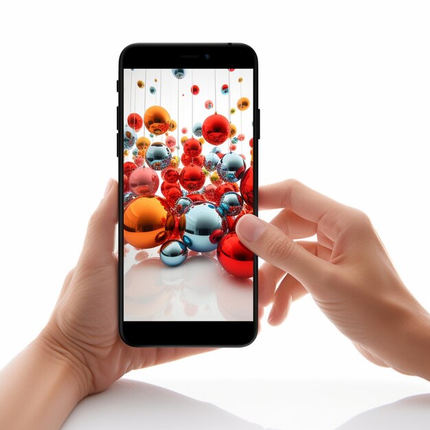 Photo hands holding smart phone with abstract christmas balls on white background