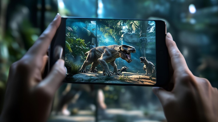Photo hands holding a smartphone displaying a thrilling dinosaur game scene with lifelike