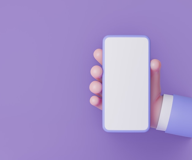 Hands holding smartphone on purple background. Cartoon style. 3d Illustration Rendering.