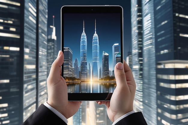 Руки держат смартфон на экране планшета "Город небоскребов 2"