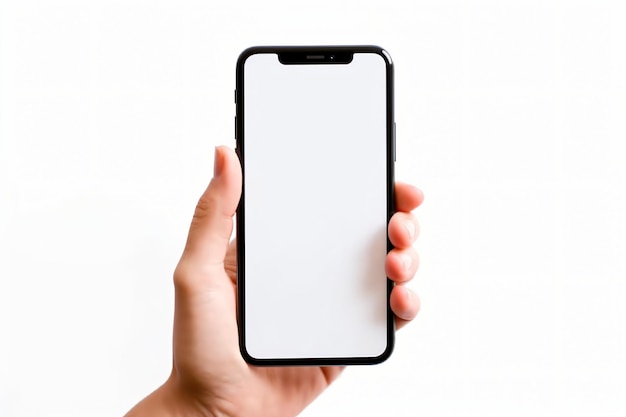 hands holding a smartphone with a blank empty screen on a white background