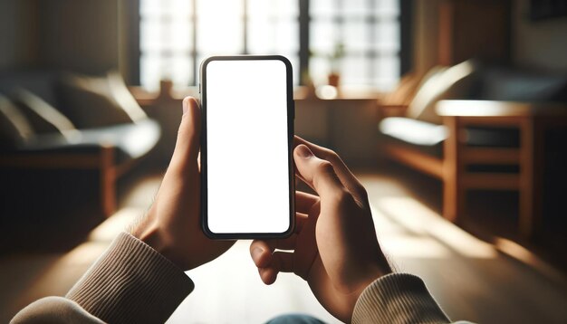 暖かい日光が影を投げる空白の画面のスマートフォンを握る手は,居心地の良い部屋で,自宅で快適なテクノロジーを使用することを意味します.