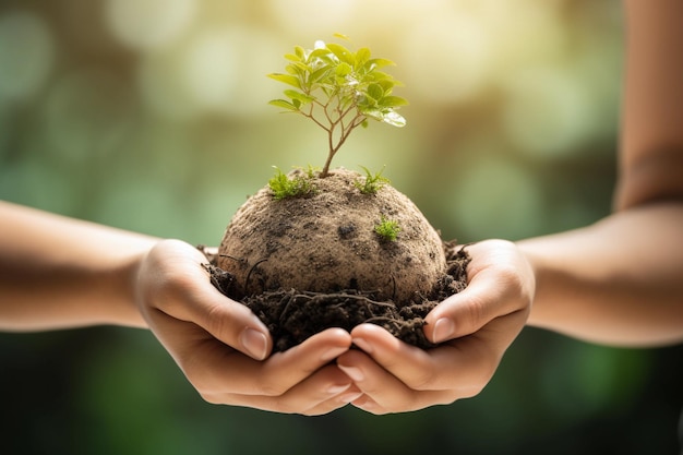 Hands holding a soil with a plant growing out of it.