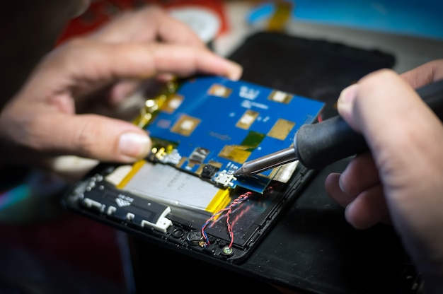 hands holding a soldering iron close-up. mobile phone repair and tablet
