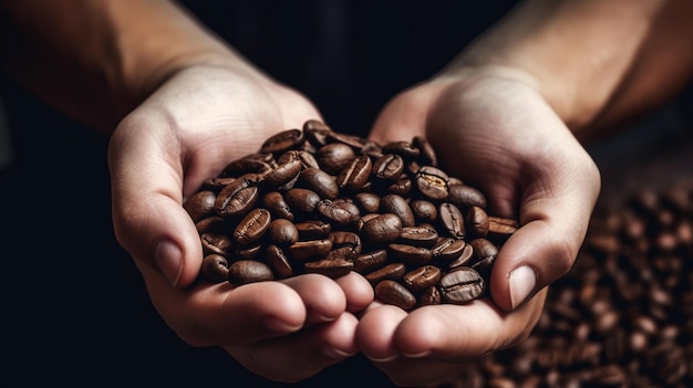 Hands holding some roasted coffee beans in a black background