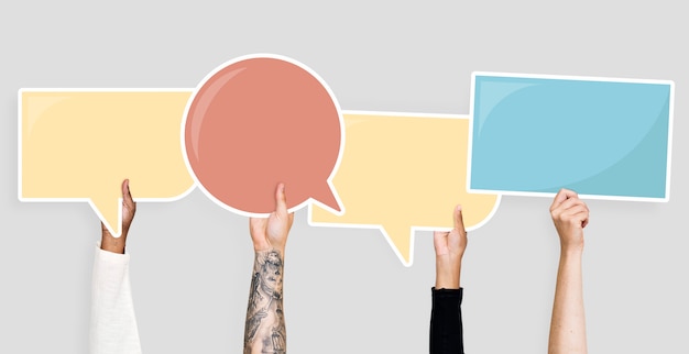 Hands holding speech bubble graphics