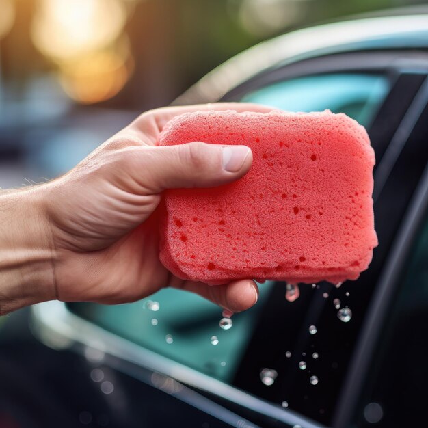 Hands holding a sponge ready to hand wash the car Generative AI