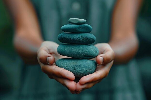 Photo hands holding a stack of smooth green stones outdoors with a soft focus background