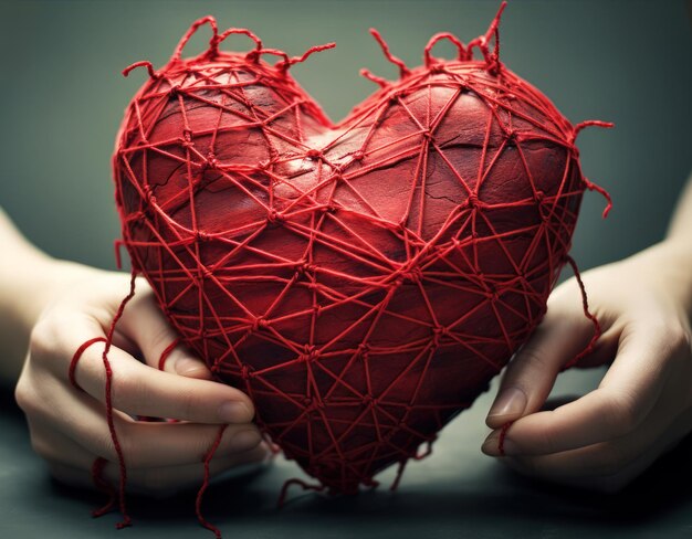 Hands holding stitched red heart with pins and needles Sewing broken heart