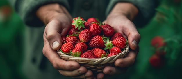 Hands holding strawberries harvest concept