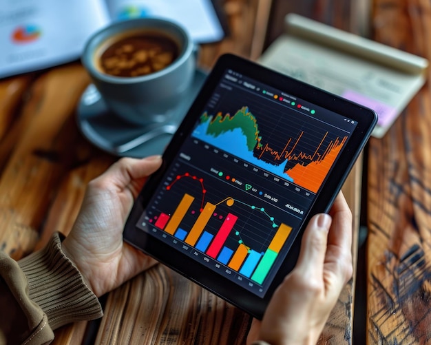 Hands holding a tablet displaying vibrant investment charts against a backdrop of coffee and notes