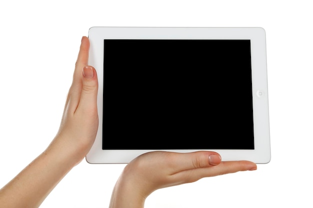 Hands holding tablet PC isolated on white